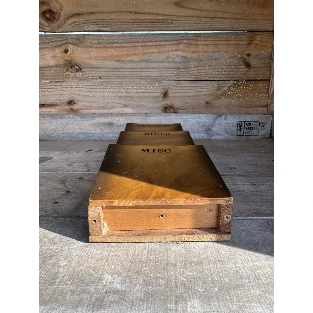 Vintage Wooden Mail Organizer Wall Pockets Letters Bills 3 Slots Holder Japan